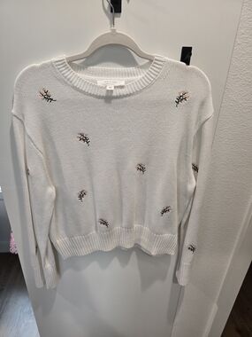 White Crewneck Sweater with Pink Floral Embroidery
